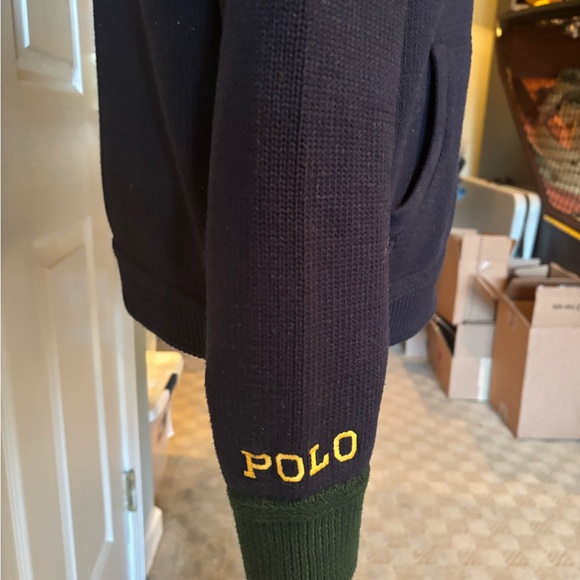Polo by Ralph Lauren Navy and Dark Green Letterman Shawl Collar Cardigan - Picture 3 of 4